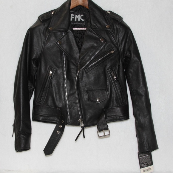 NWT FMC Black Leather Motorcycle Biker Jacket XS Women or Youth - Picture 2 of 6